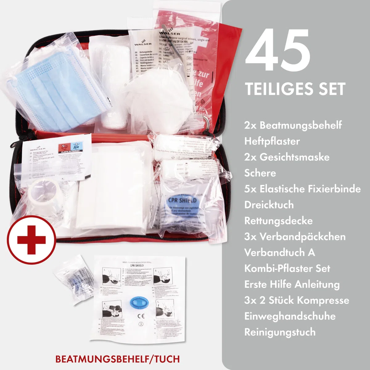 WALSER Bolsa de primeros auxilios para coche, kit de primeros auxilios, bolsa de primeros auxilios DIN 13164:2022, kit de primeros auxilios rojo 44283