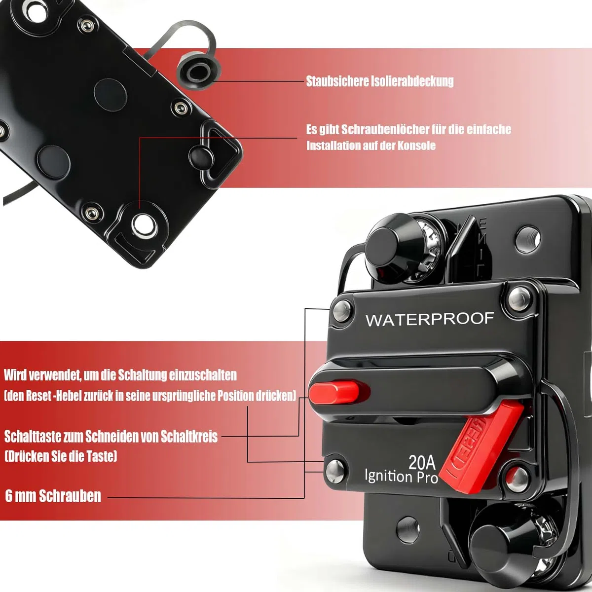 Disyuntor de 20 A con reinicio manual, portafusibles de 20 amperios, 12 V-48 V CC, protección para autocaravanas, caravanas, remolques y scooters.