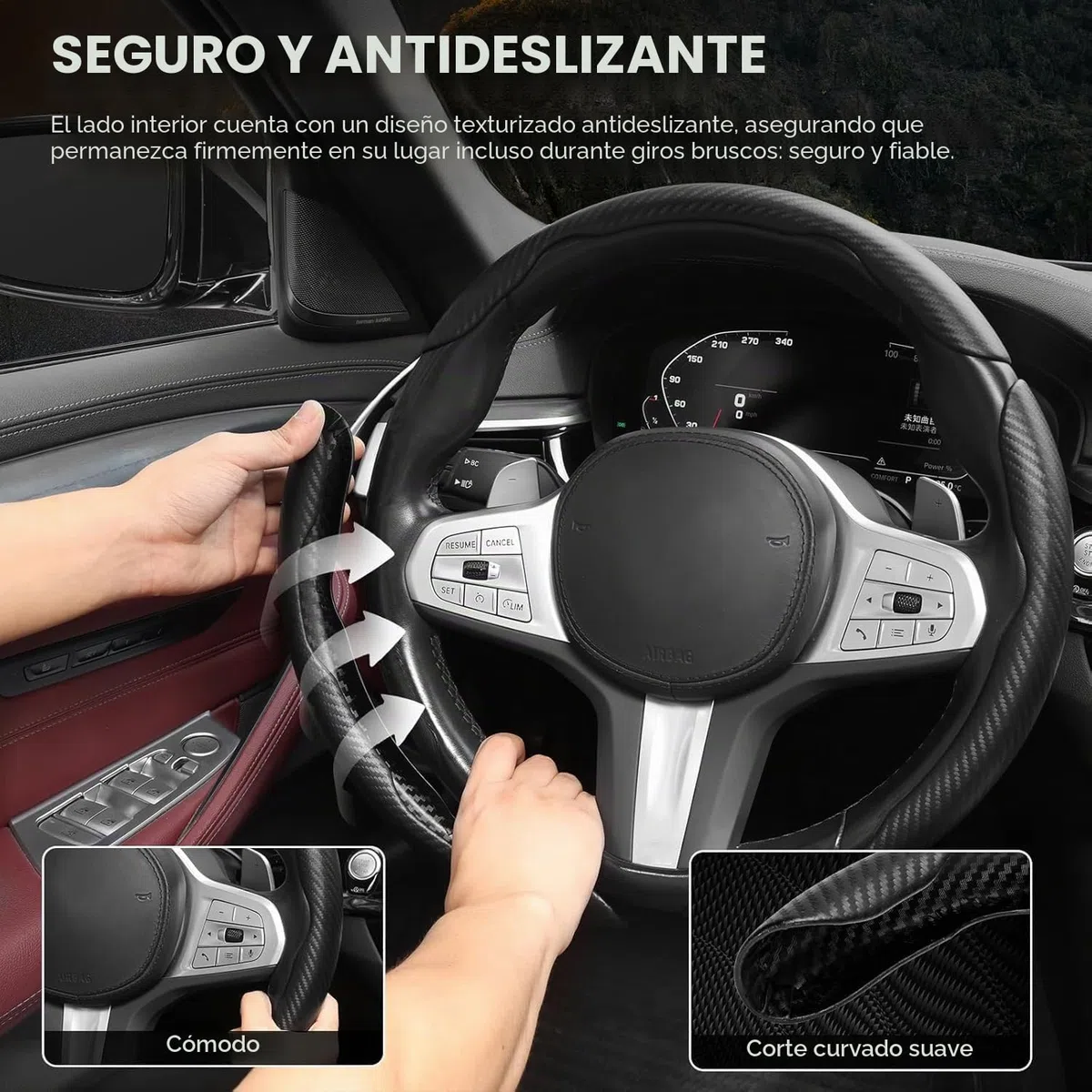 EINESIN Funda Volante Fibra Carbono 3 Unidades - Antideslizante, Diseño Mariposa Segmentado - Universal Protector Volante para 99% Coches