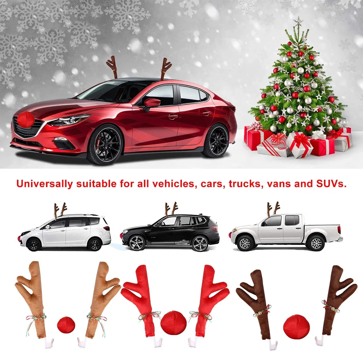 Reno Auto Set,Auto Deko Weihnachten,Auto Reno Kostü,Auto Weihnachtendeko mit Geweih,Weihnachtsschmuck Auto,Auto Rentiergeweih Rudolf für Auto,Fahrzeug Weihnachtsdekoration,Weihnachtsdeko Auto