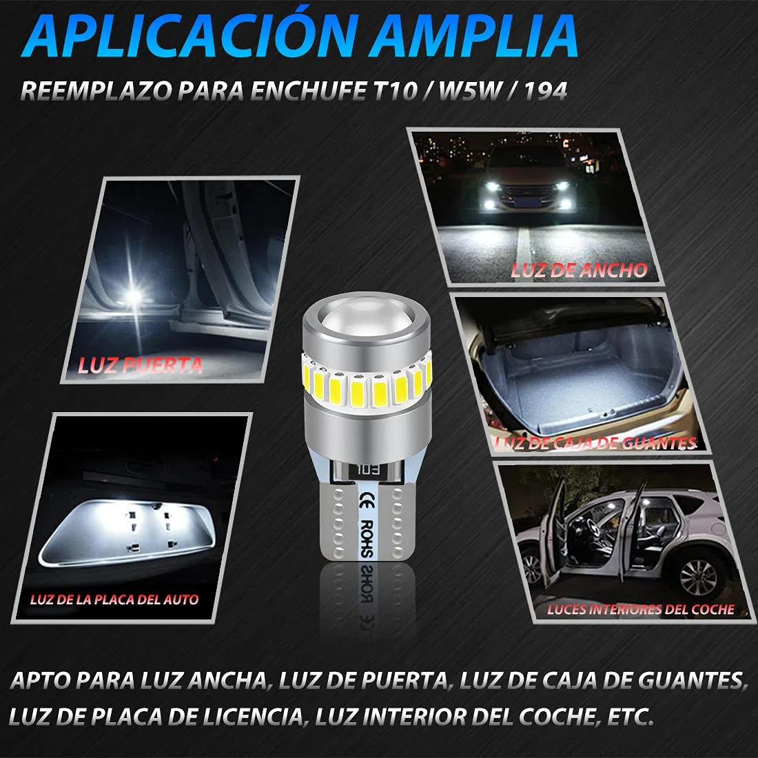 Briteye Bombillas T10 W5W LED 6000K Luz Blanca Bombilla Posición LED Matricula LED (4pcs)