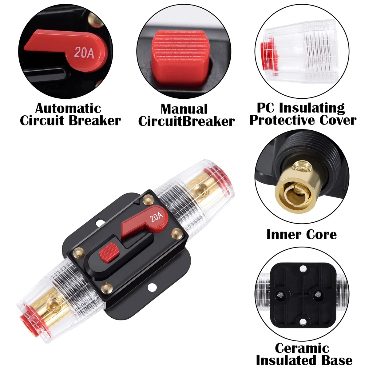 Disyuntor de Audio para Coche DC 12V - 24V 20A Interruptor de Portafusibles Automático para Coche Barco Motocicleta