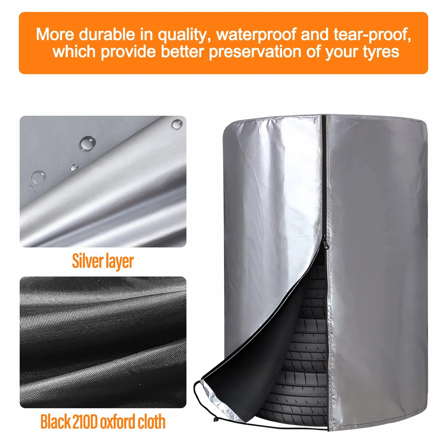 ZATOOTO Bolsas para Neumáticos, Impermeable a Prueba de Polvo Temporada Neumáticos Protectora Sostiene 4 Neumáticos (14/15/16/17/18 Pulgadas), Recubierto de Plata 210D Oxford, 72 x 117 CM