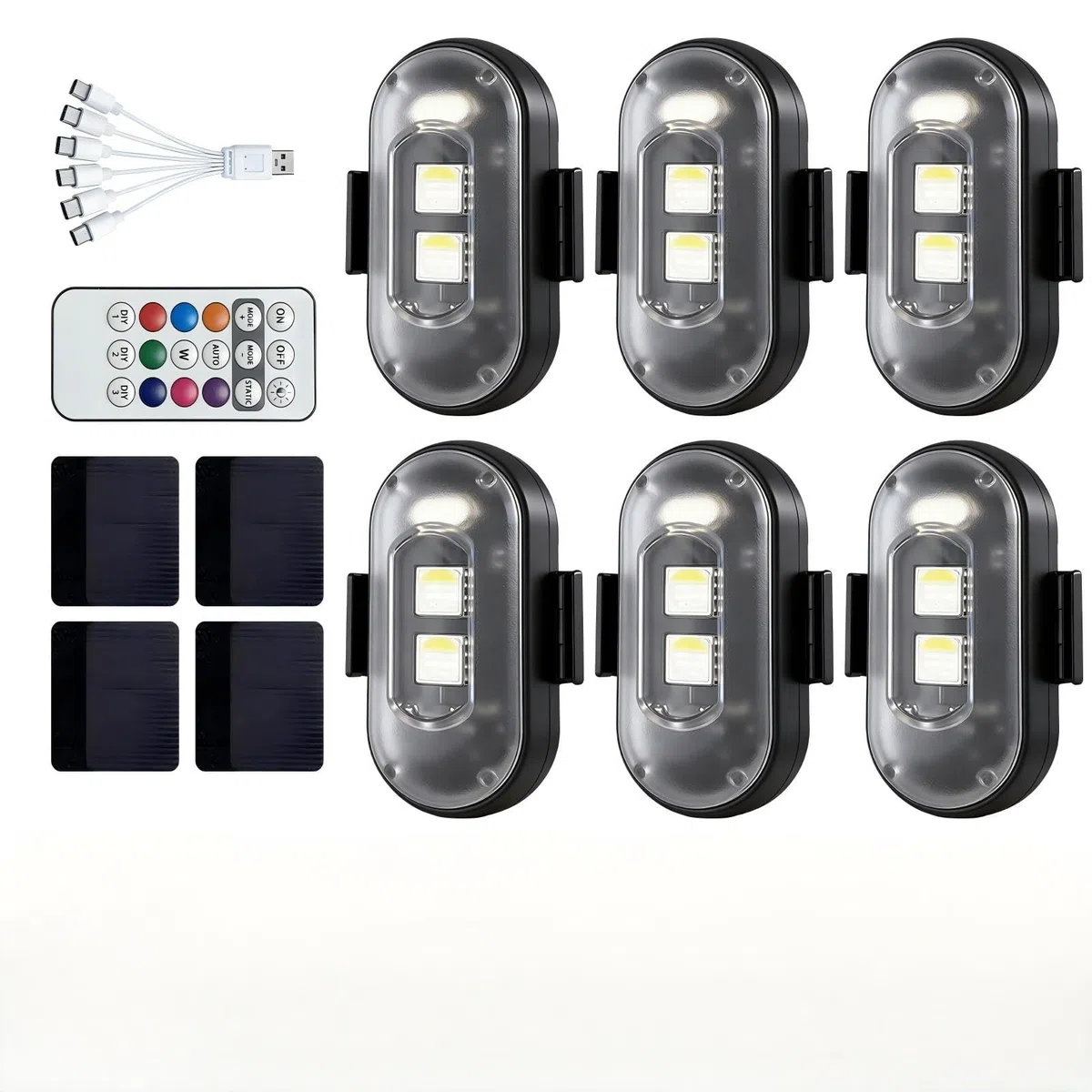 6 Piezas Luces Led Coche, 8 Colores Luces Estroboscópicas LED con Mando a Distancia, Luz Estroboscópica Impermeables, Carga USB Lampada Stroboscopica Led para Dron Camión Motocicleta Bicicleta