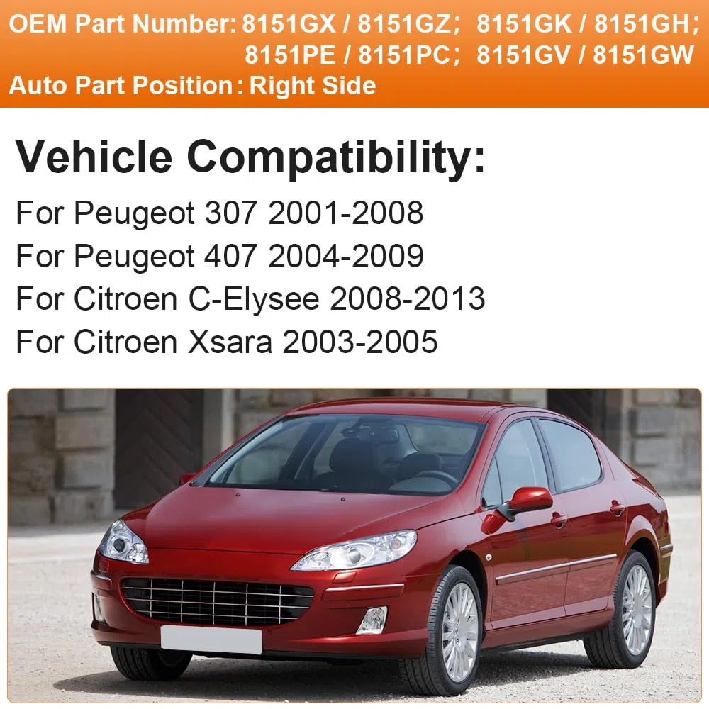 SENZEAL Cristal del Espejo Derecho Lado del Pasajero Calefactado con Placa de Soporte para Peugeot 307 2001-2008 407 2004-2009 (Derecho)