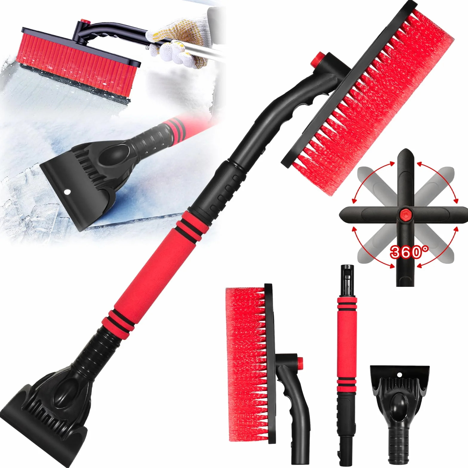 Rascador de Hielo para Coche con Escoba, 73cm Raspador de Nieve Retráctil y Desmontable, con Cabeza Giratoria 360 Grados, Rascador Hielo Parabrisas Coche para Coche Camión SUV