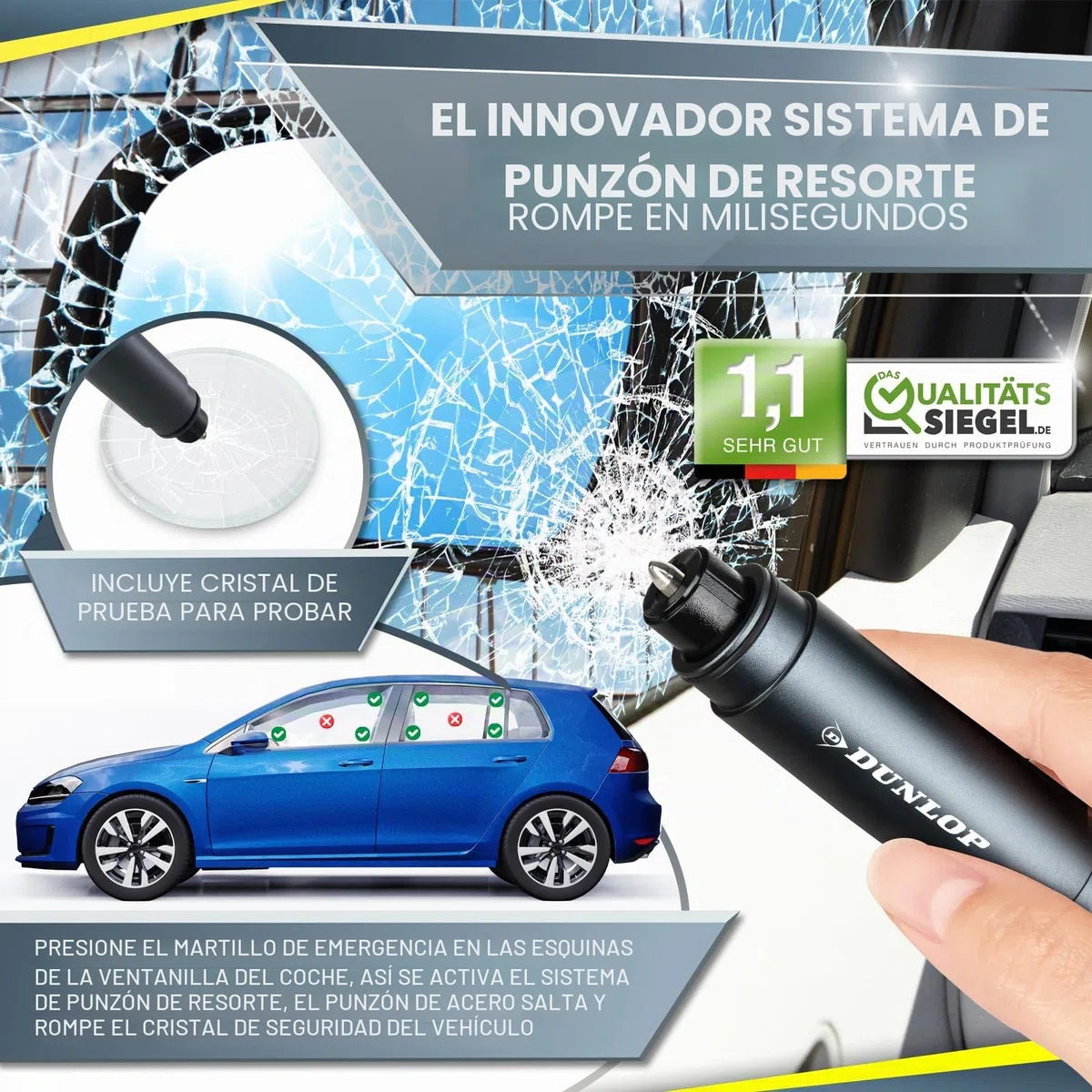 Dunlop Automotive Gurtschneider Notfallhammer-Marken Notfall Hammer mit Testglas zum Üben-Destruye besonders Verbundglas der neuen Auto Generation Federationfeder korn Nothammer-Emergency CarTool