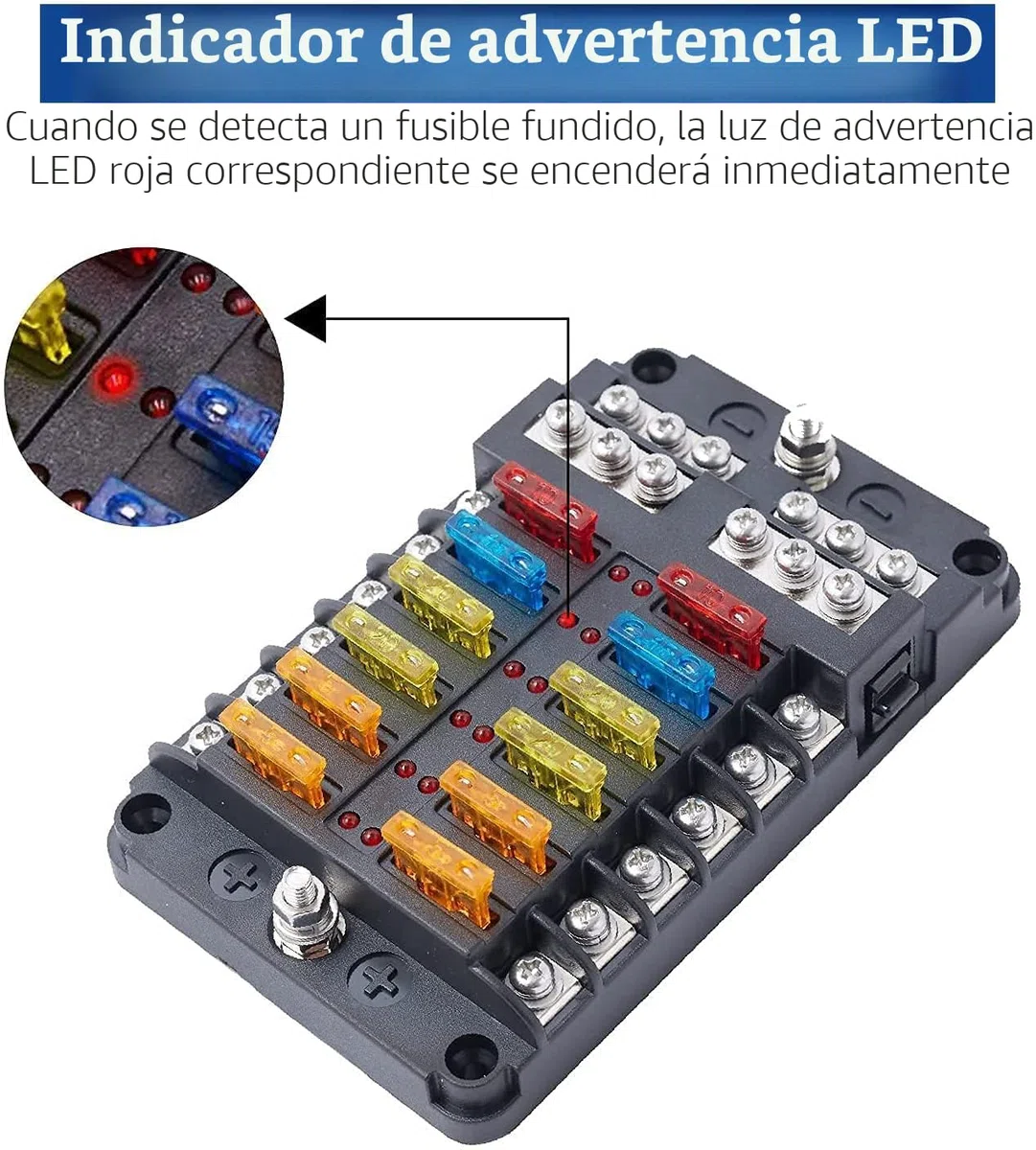 Geloo Caja de Fusibles 12 Vías Portafusibles con Lámpara de Alerta LED Porta Fusibles Coche con Cuchilla Negativa para Coche Barco Autocaravana Furgoneta