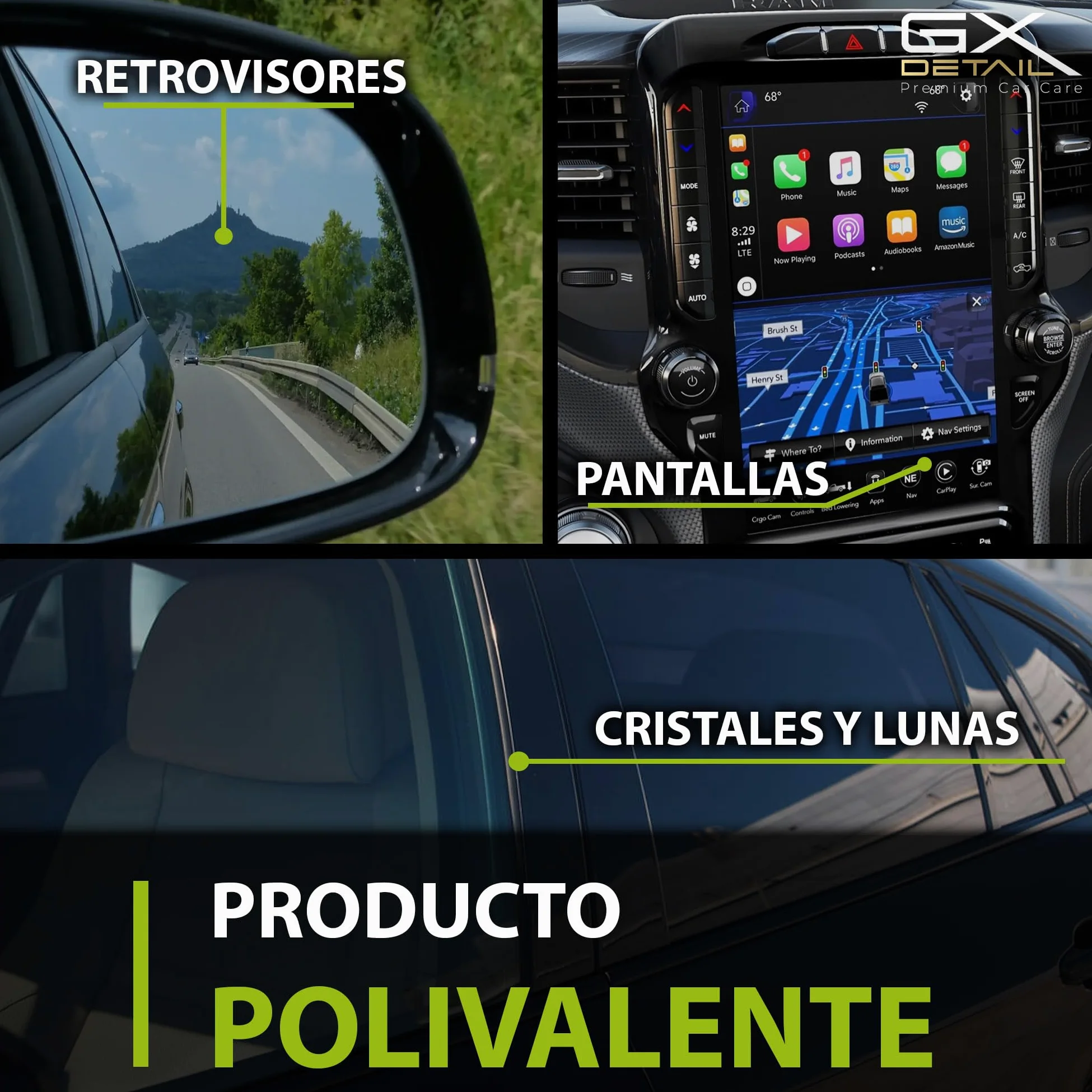 GxDetail Limpiacristales Coche 1 Litro - Glass Cleaner - Incluye Guantes de Nitrilo y 2 Microfibras - Limpia Cristales Triple Acción - Sin Marcas - Limpia Cristales Profesional – Formula con Alcohol