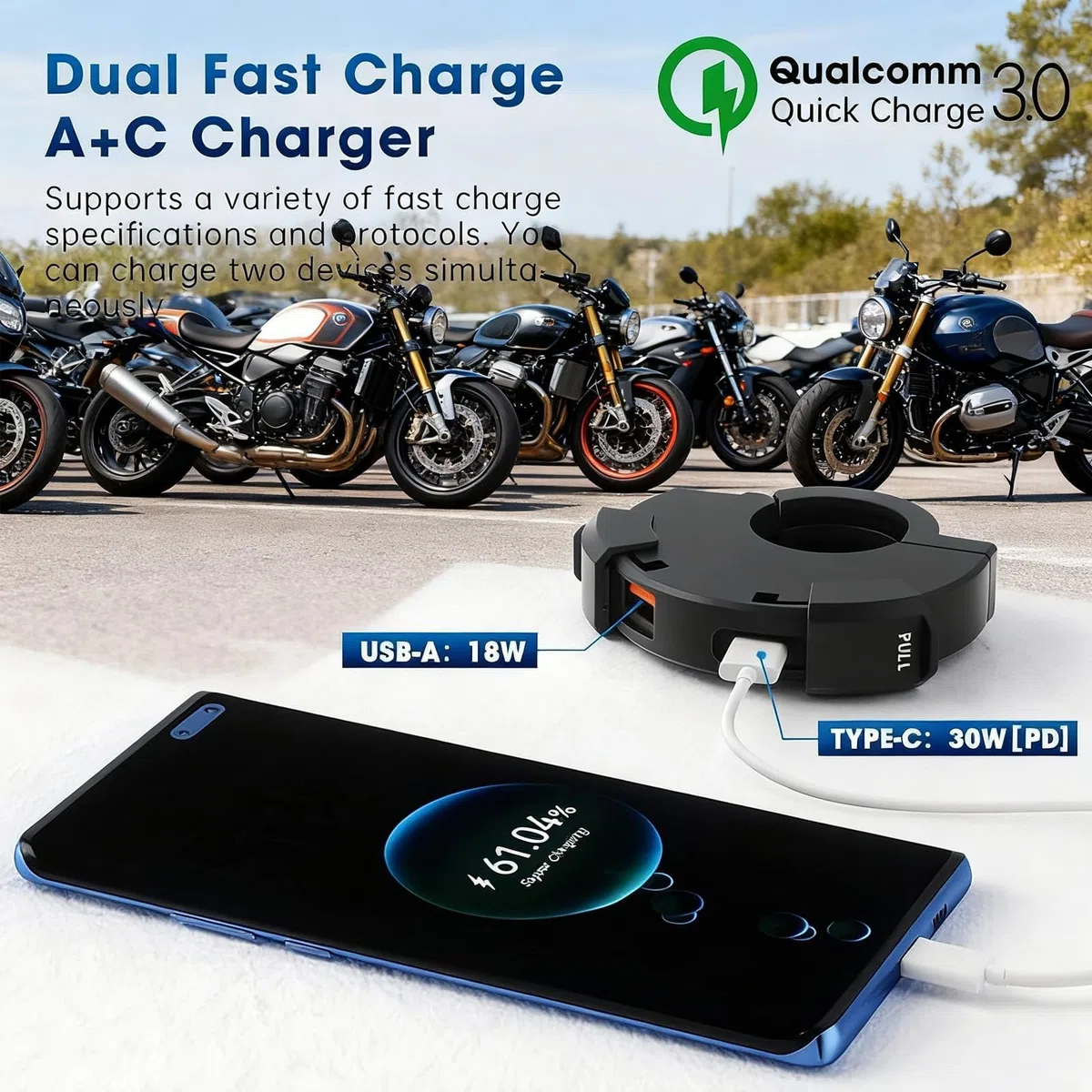 Cargador USB para Moto 48W, 2 Puertos (QC3.0 18W + PD3.0 30W), IP65, Toma USB-C 12-24V – Carga Rápida para Viajes & Aventura/Día a Día/Exteriores – Compatible con Teléfono/GPS/Cámara