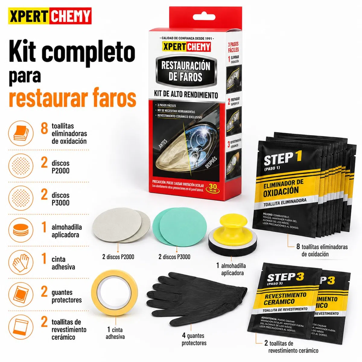 XPERTCHEMY Kit de Restauración de Faros de Coche, Limpiador para Faros Amarillentos y Opacos, 3 Pasos, Sin Herramientas Eléctricas, con Protección Cerámica UV