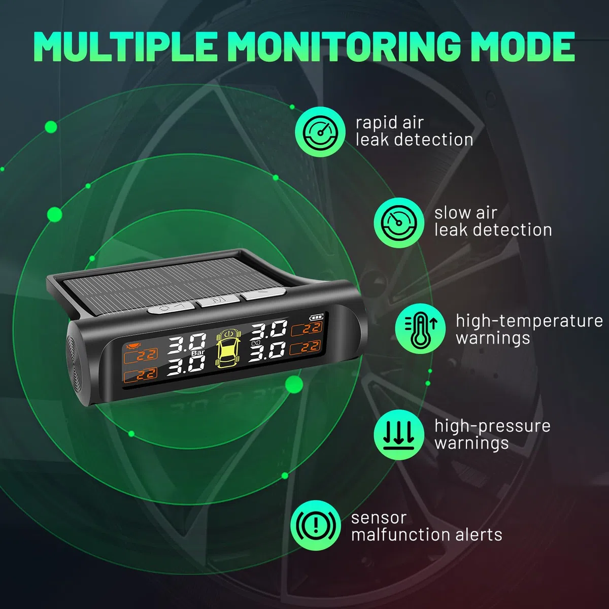 TPMS Sistema de control de presión de neumáticos 6 Bar, monitor de presión de neumáticos solar con sistema de alarma con 4 sensores iluminados para camiones y autocaravanas