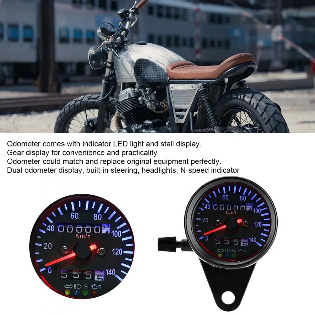 KIMISS Cuentakilómetros LED para moto, universal para café racer, velocímetro de 12 V con doble escala, kit de iluminación trasera, medidor de velocidad