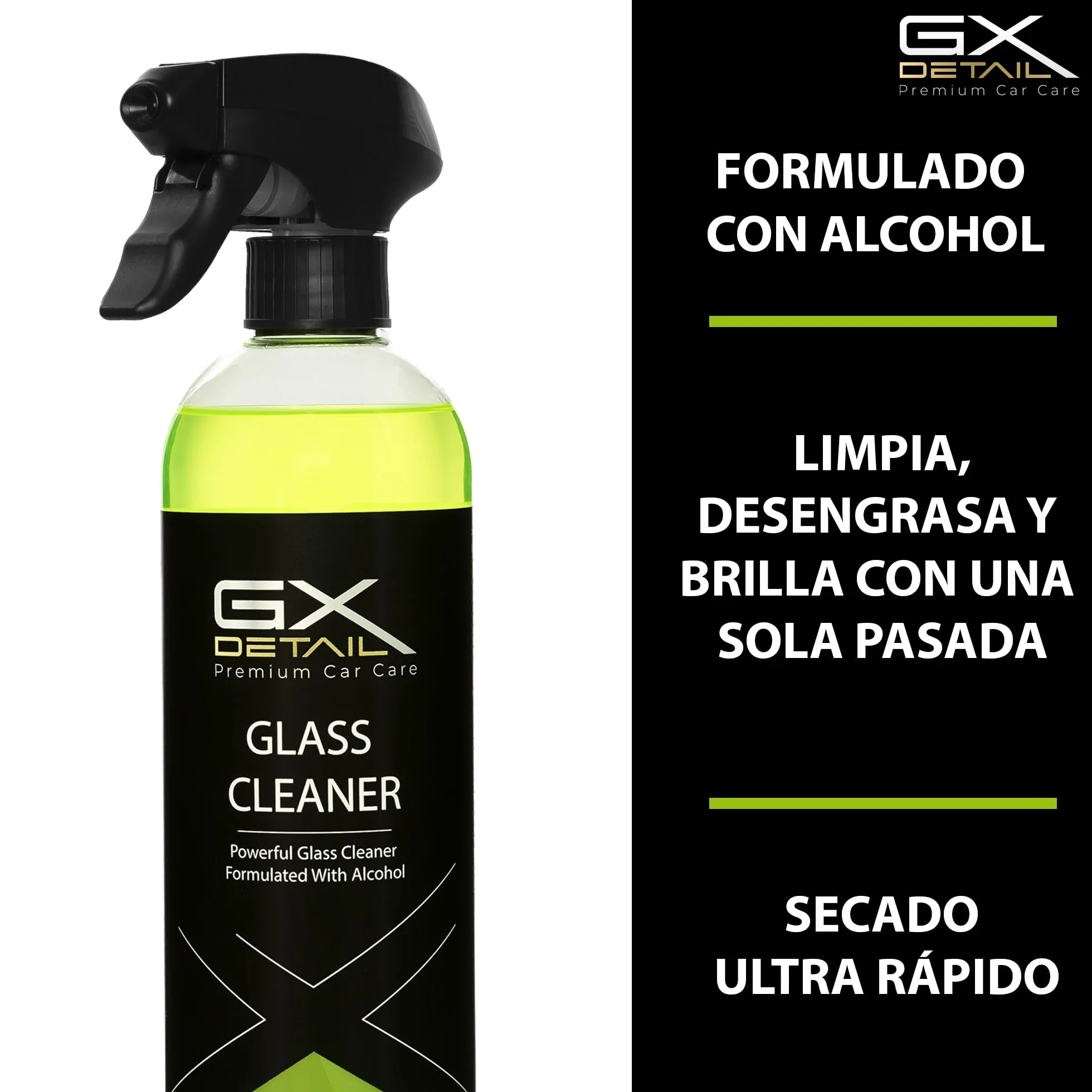 GxDetail Limpiacristales Coche 1 Litro - Glass Cleaner - Incluye Guantes de Nitrilo y 2 Microfibras - Limpia Cristales Triple Acción - Sin Marcas - Limpia Cristales Profesional – Formula con Alcohol