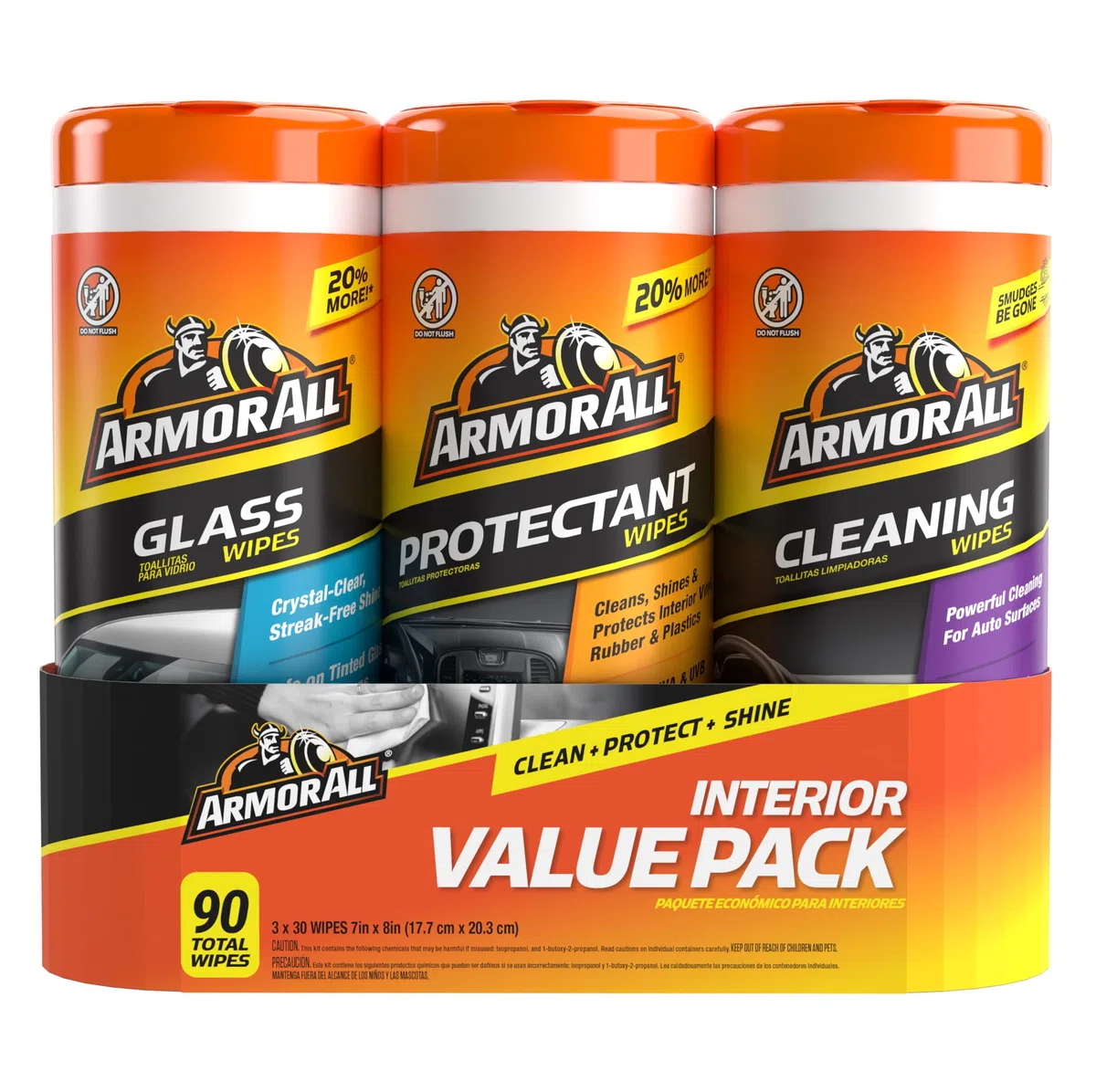 ARMOR ALL Pack 3 en 1 - Toallitas Multiusos, Salpicaderos Brillo y Cristales I 30 UDS Cada Bote I Limpieza Integral y Protección Completa I Cierre Hermético para Máxima Conservación