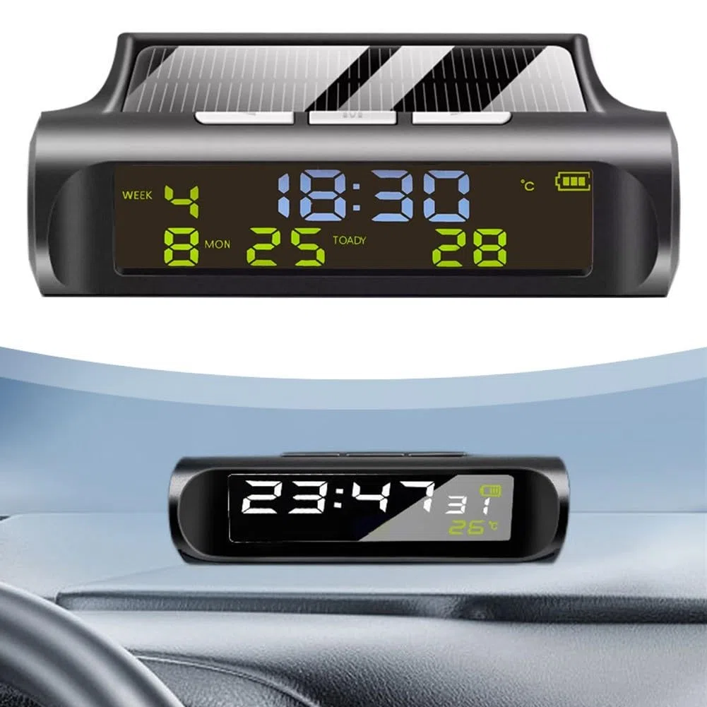 Termómetro digital para coche, reloj solar para coche, termómetro digital, pantalla automática, soporte para tablero de instrumentos para oficina, uso doméstico, color negro