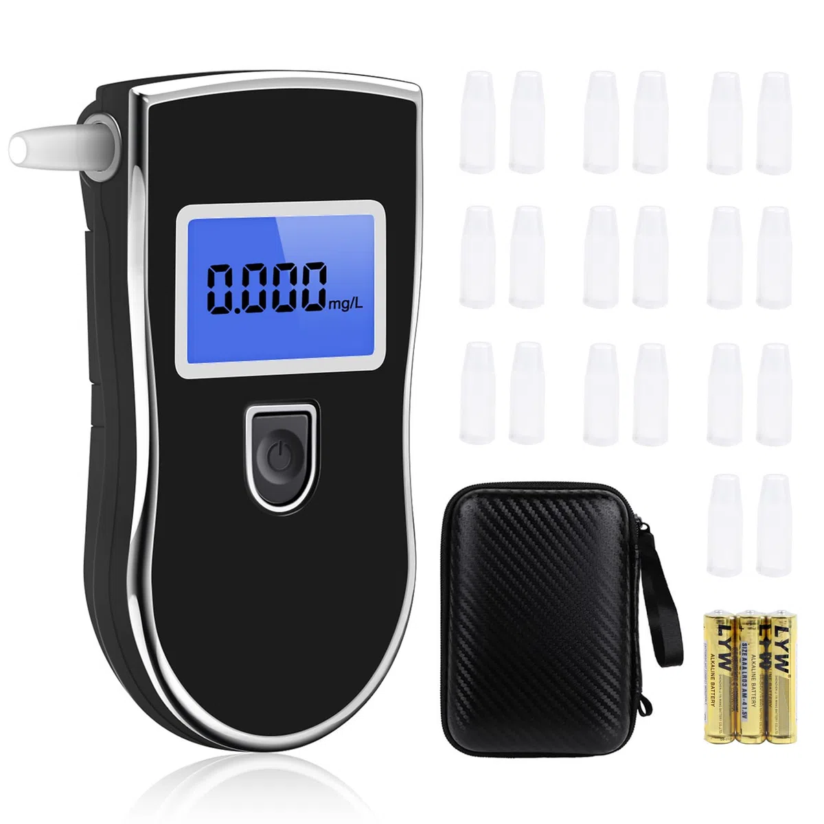 Alcoholimetro Digital Homologado, Profesional Portátil de Alcohol con Pantalla LCD, Semi-Conductor de la Tecnología de Sensor, 20 Boquillas, 3 baterías AAA