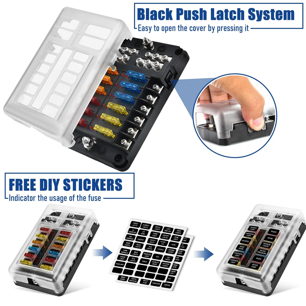 Geloo Caja de Fusibles 12 Vías Portafusibles con Lámpara de Alerta LED Porta Fusibles Coche con Cuchilla Negativa para Coche Barco Autocaravana Furgoneta
