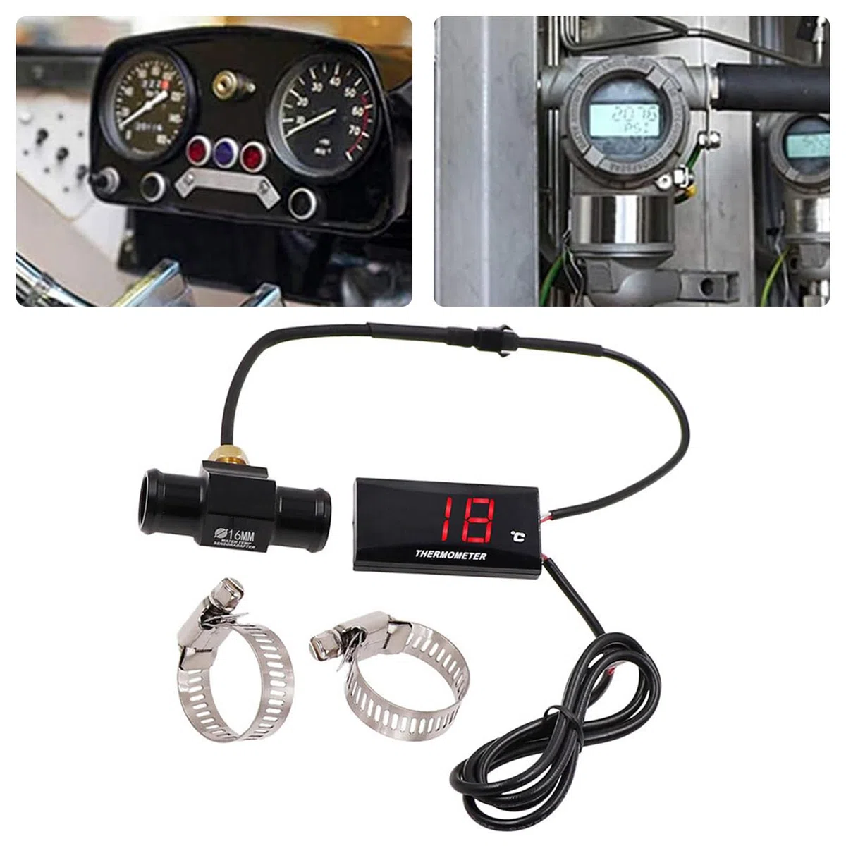 Instrumentos de termómetro de motocicleta universal pantalla digital sensor de temperatura con sonda de metal temperatura del agua más adaptador de sensor de medidor (22mm)