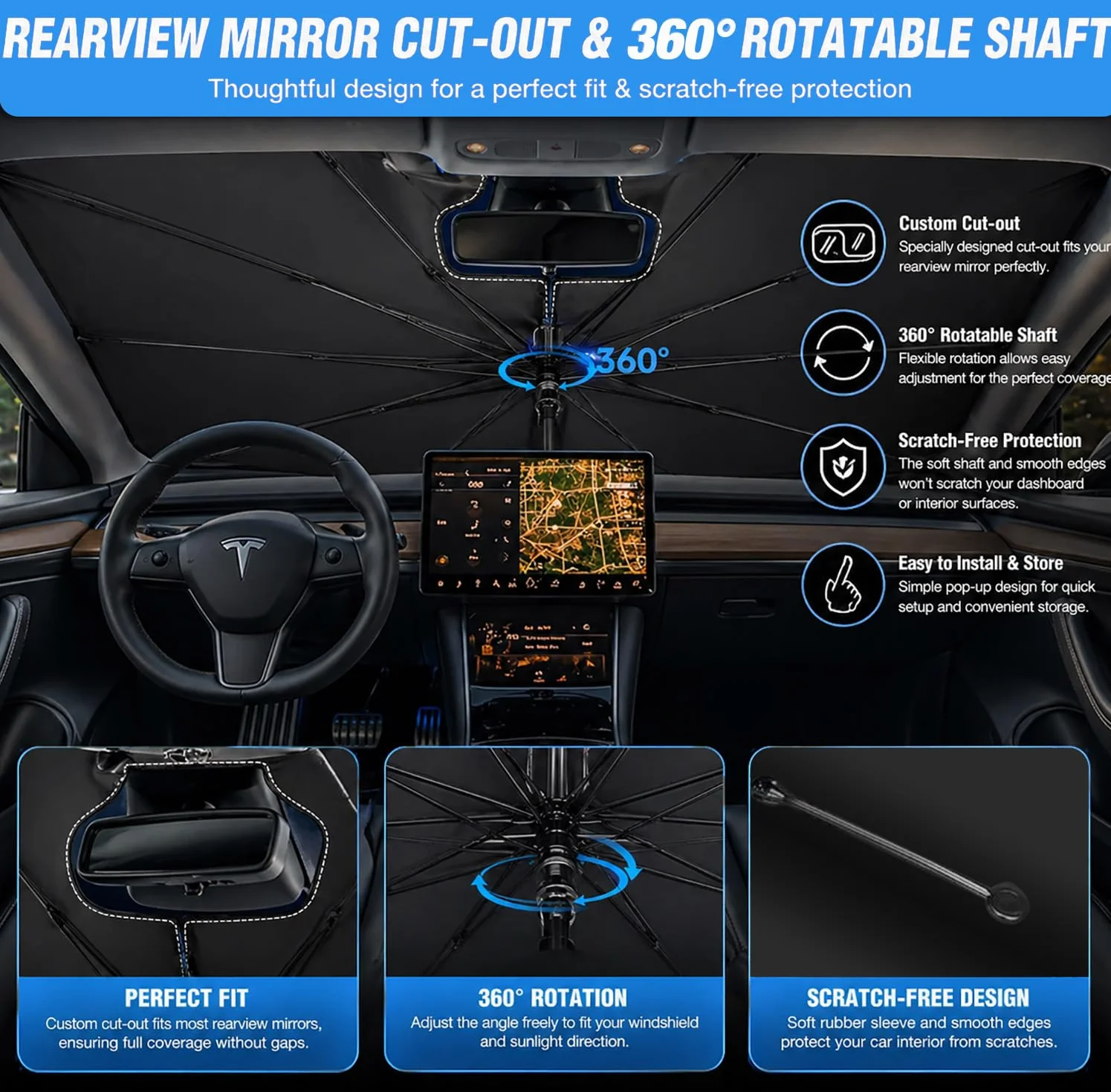 Parasol para Parabrisas de Coche, Plegable Parasol Paraguas Coche, Protección UV y contra el Calor, Reflectante, Protección del Interior, para Berlina y SUV