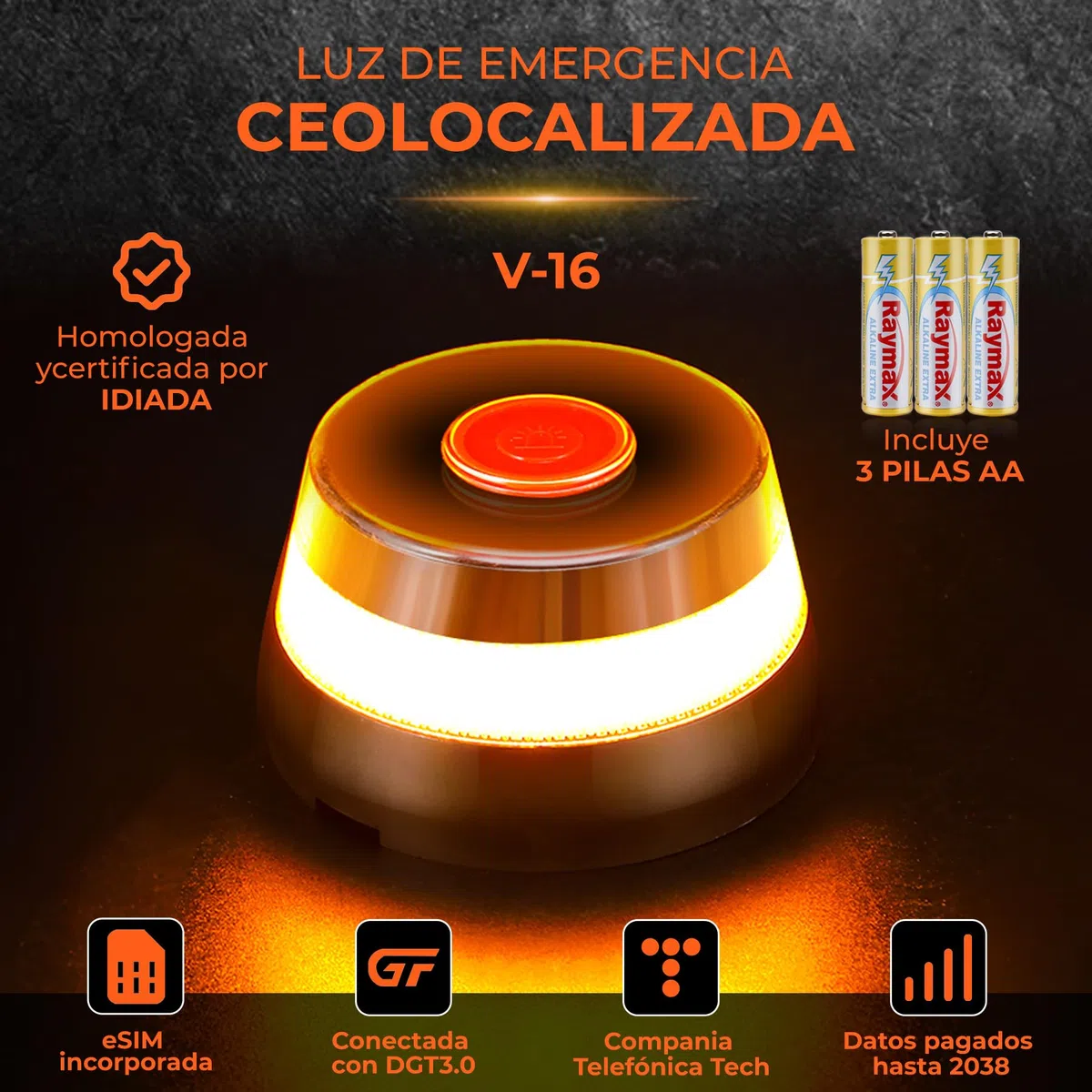 Luz Emergencia Coche Homologado DGT |Baliza V16 Homologada DGT con Geolocalización | Luz avería coche [Visibilidad 1 Km] Baliza V16 con GPS,1 Unidad（3 Pilas AA Incluidas）