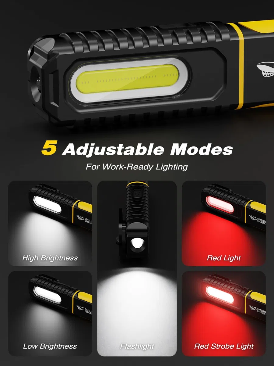 Smiling Shark Linterna de Trabajo, LED Lámparas de Inspección 1200mAh Recargable con Gancho y Clip 5 Modos de Luz Portátil Luz de Trabajo Magnética para Reparación Garajes Taller (Paquete de 1)