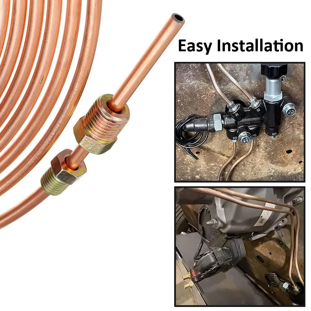 6,35mm Tubo de Freno de Cobre para Auto 1/4" Kit de Línea de Freno Manguera de Freno Recubierta de Cobre Reemplazo Automóvil Tubería de Freno Aceite 7,6m de 16 Tuercas