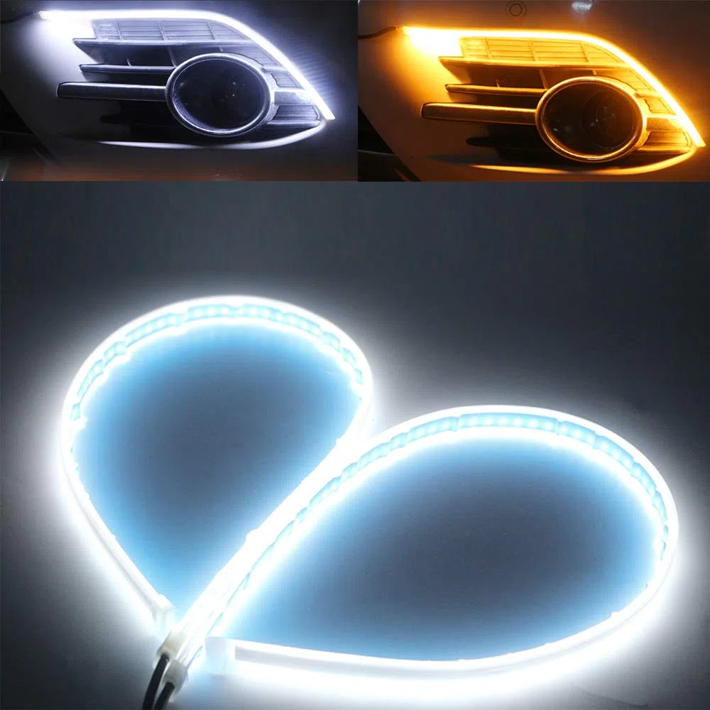 QasimLed 2-Pack 60cm Coches blancos y amarillos DRL LED Luces de día Luces de giro de flujo automático Tira guía de faros Conjunto de faros delanteros a prueba de agua