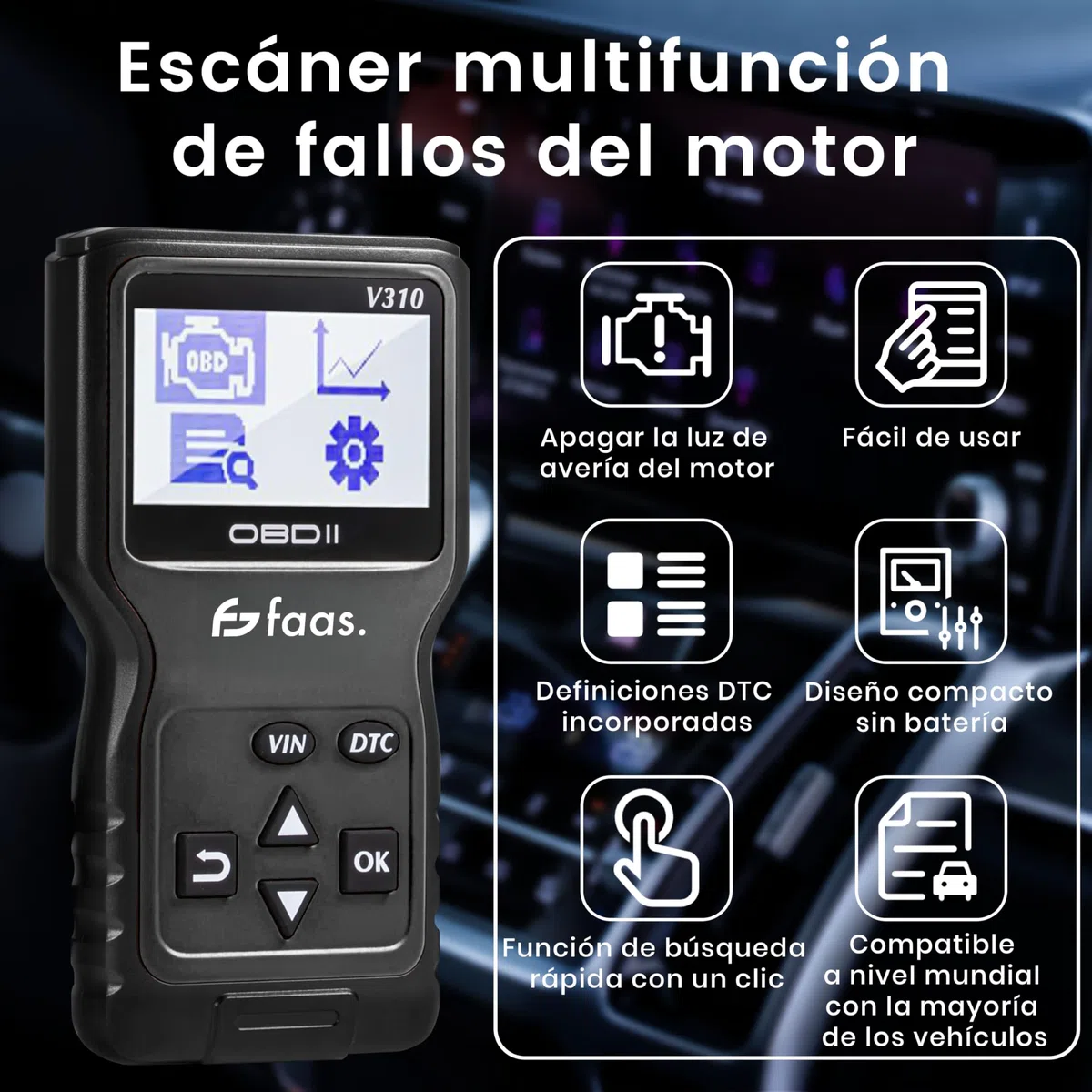 Faas Escáner OBD2 – Herramienta de Diagnóstico Profesional para Coches – Leer y Restablecer Códigos de Error – Desactivar la Lámpara de Falla del Motor – Compatible con la Mayoría de los Vehículos