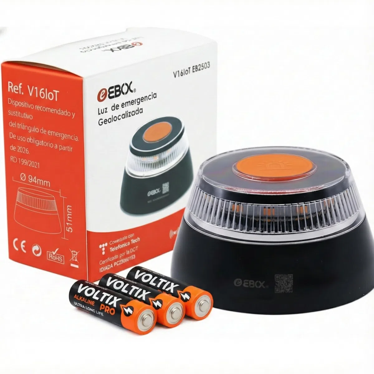 EBOX Luz Emergencia V16 Geolocalizada V16loT. Homologada DGT con Geolocalización, Baliza Coche Conectada DGT 3.0, Datos Incluidos hasta 12/2038,