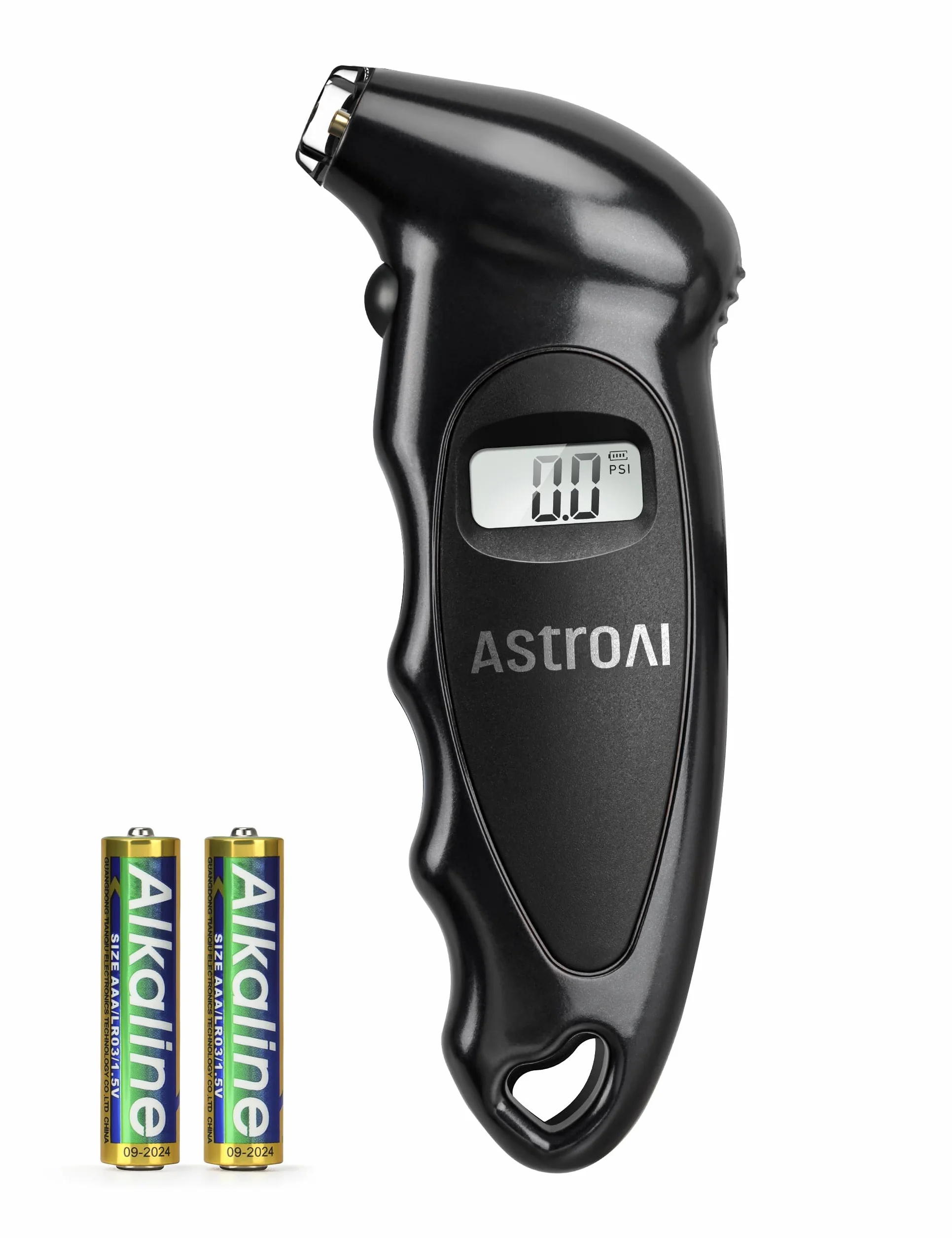 AstroAI Manómetro Digital de Neumáticos con Pilas AAA Reemplazables, 150 PSI 4 Ajustes Rellenos de Calcetines para Coche, Camión, Bicicleta, LCD Retroiluminado, Accesorios para Coches, Negro