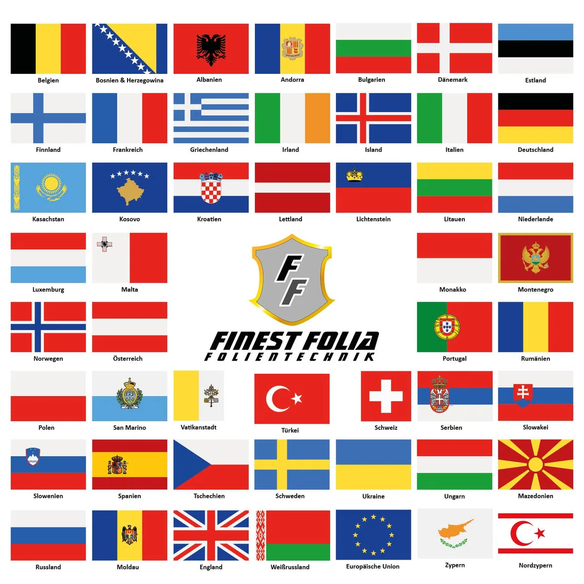 Finest Folia Juego de 50 banderas de país en 2 hojas DIN A4, cada bandera, 4,9 x 3,3 cm, pegatinas para modelismo, bicicleta, coche, moto, decoración de países R108 (Europa)