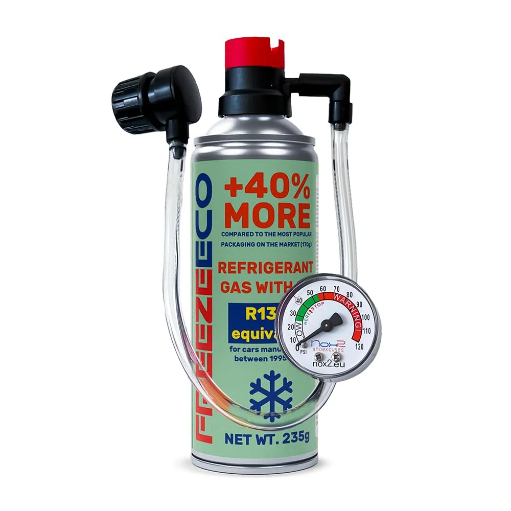 HOBBY, sustituto r134a, Sellador, refrigerante para aire acondicionado de automóviles, equivalente a 660 g, 1 lata, 2 en 1, 235g, con Manguera integrada con manómetro y Adaptador