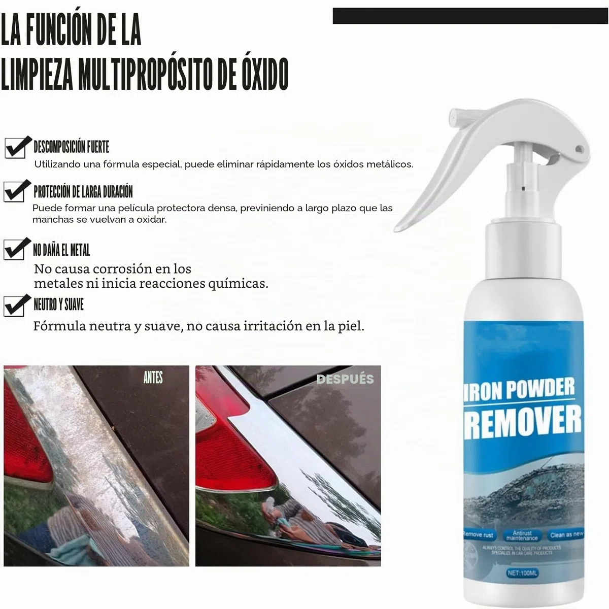 Rakiuty Spray de Eliminación de Óxido, Convertidor de Oxido, Rust Remover Spray, Sprays Convertidor, Accesorios de Limpieza del Automóvil, Multipurpose Rust Remover, 100 ml