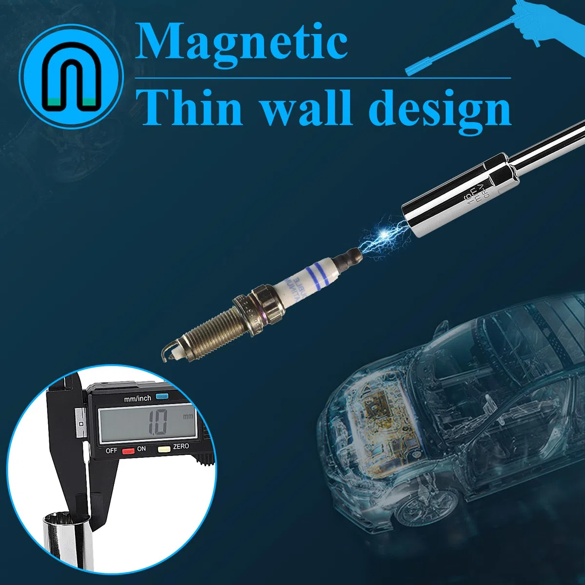 efuturetime Llave Bujias 14/16mm Llave de Bujía Magnética 3/8", 12 Puntos Llave Bujía con Deslizable Mango en T, Combinaciones Flexibles