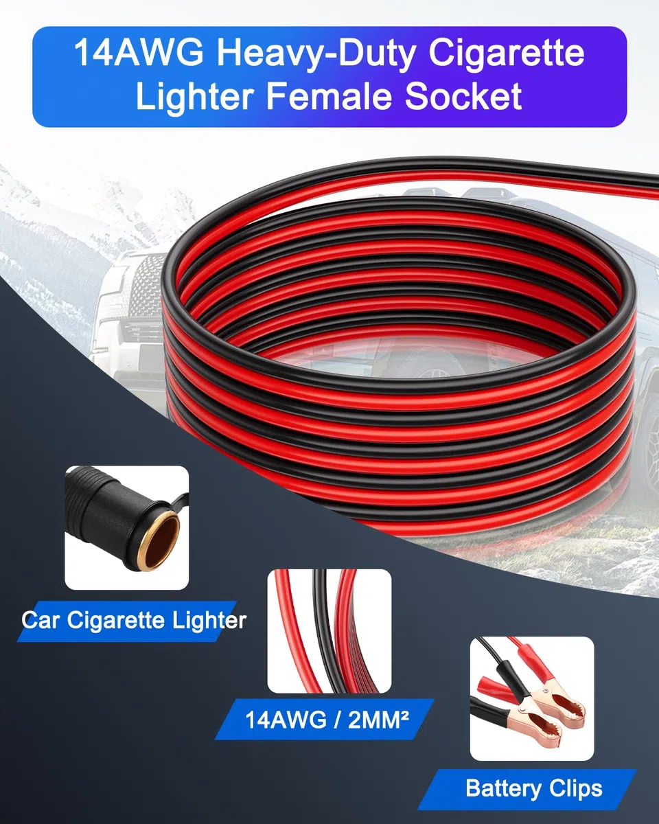 Clips de batería de 9.8 pies a enchufe de encendedor de cigarrillos de coche, 12 V/24 V 14 AWG, enchufe hembra de encendedor de cigarrillos, cable de extensión para baterías automotrices