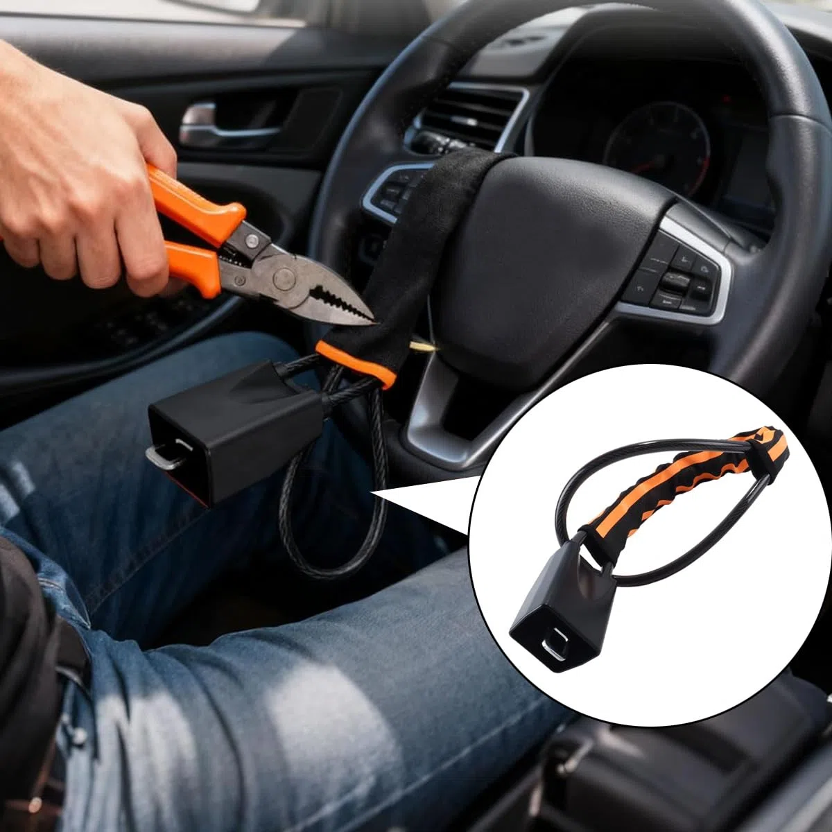 Ubric Candado de volante con tira reflectante, antirrobo resistente con 3 llaves para coche, SUV, camión, camioneta, furgoneta y autocaravana (negro y naranja)