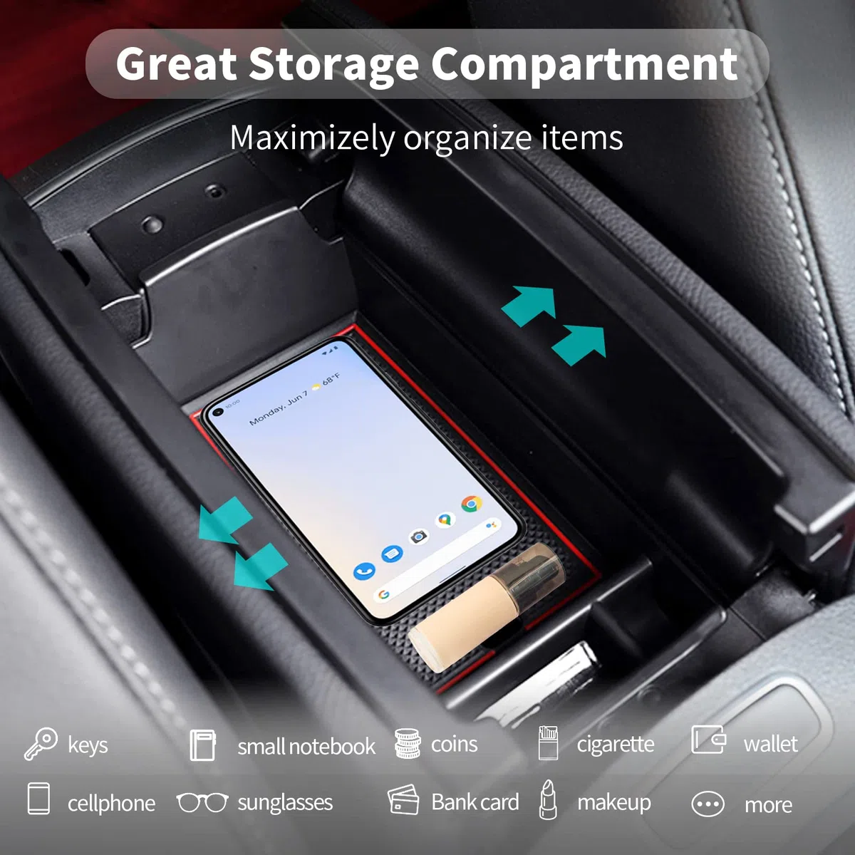 CDEFG Mercedes Clase A B W177 V177 W247 GLA H247 CLA C118 2019+ Caja de Almacenamiento Consola Central Apoyabrazos Interior Center Armrest Box, con Tapete Antideslizante Accesorios del Coche (Rojo)