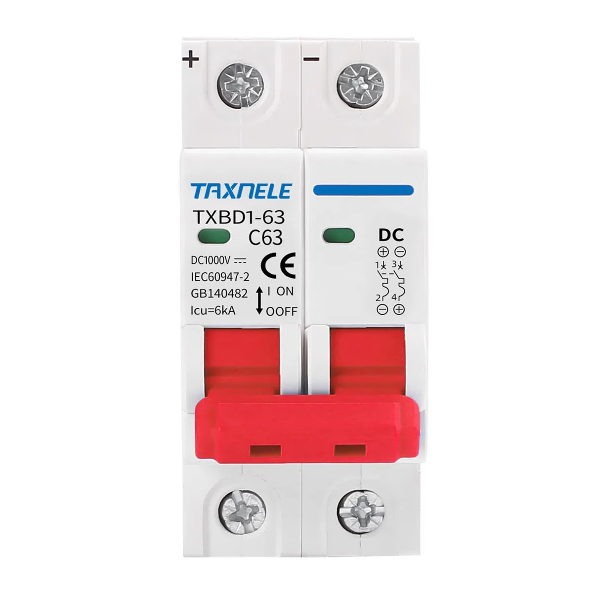 Disyuntor en miniatura DC MCB 2P DC 1000V Mini disyuntor solar Interruptor de batería Protección contra cortocircuitos Interruptor de desconexión Aislador para sistema solar fotovoltaico (63A)