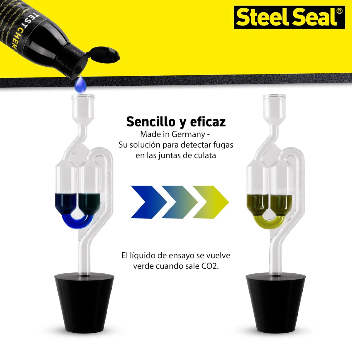 STEEL SEAL TESTCHEM Probador de junta de culata CO2 agua de refrigeración 100 ml – Prueba de gases de escape del sistema de refrigeración para automóviles – Kit de prueba para verificación de junta de