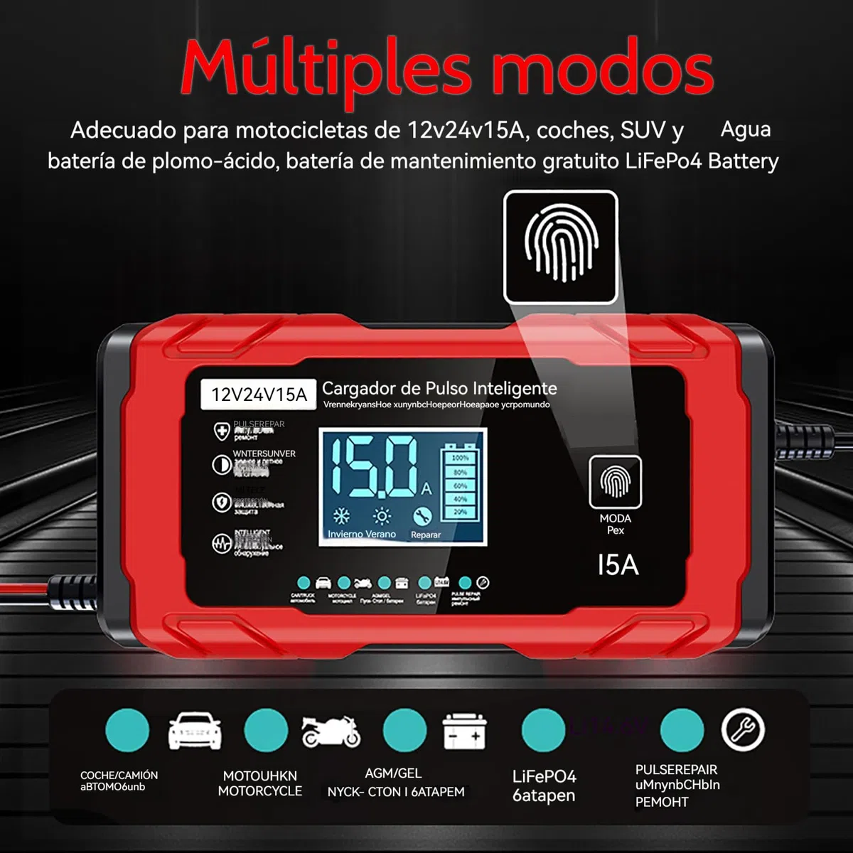 24V 15A Cargador Baterias Coche, 12V 8A Cargador de Bateria y Moto Inteligente Batería de Coche con LCD Cargadors de batería para Auto Moto Camión AGM Gel SLA