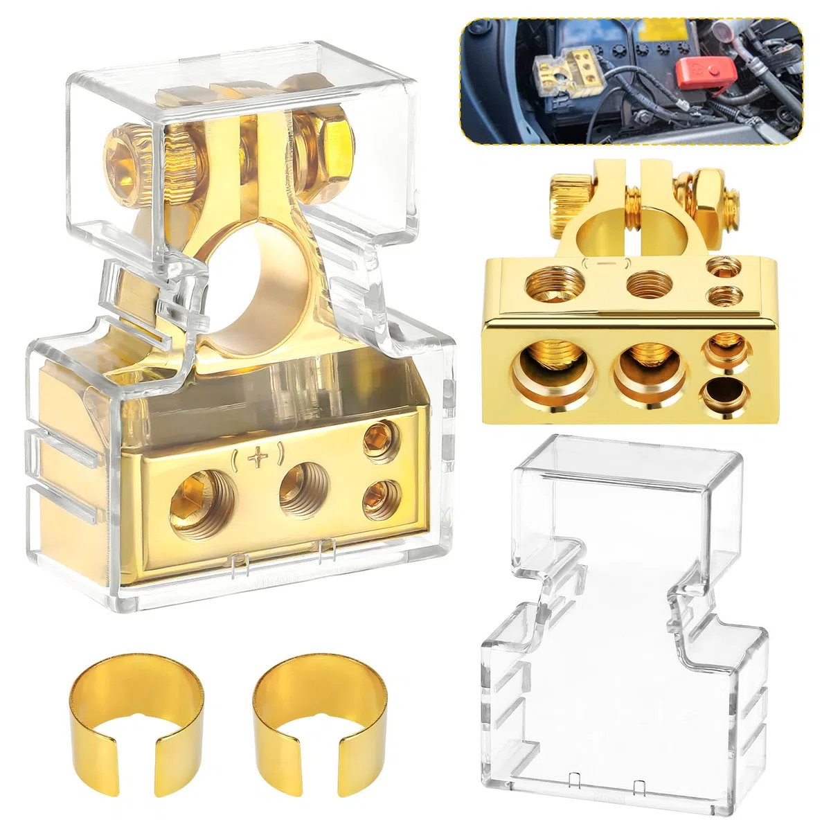 Zocipro 2Pcs Terminales de Batería de Coche, 0/2/4/8/10AWG Conectores de Batería Abrazadera de Terminal Positivo Negativo con Cubierta y Calzas para Coche Caravana Marina RV Barco