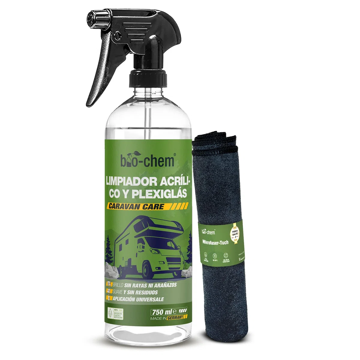 Bio-Chem - Limpiacristales acrílico y plexiglás 750 ml + paño de Microfibra - Limpiacristales para caravanas, autocaravanas y automóviles - Spray líquido para la Limpieza de Cristales de automóviles