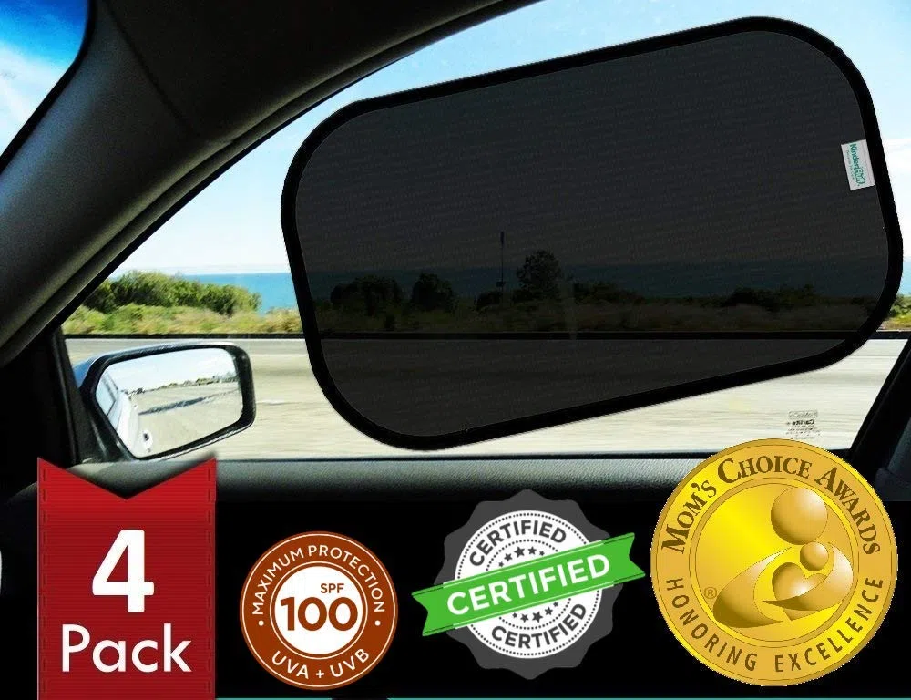 Parasoles para Coche – Protección Solar 99,79% UVA y 99,95% UVB Certificada. Parasol Lateral para Ventanas de Coche Bebé. Pack de 4 (2 Transparente + 2 Semitransparente) 20" x 12– Kinder Fluff