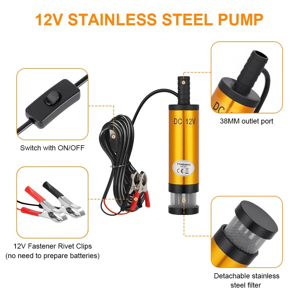 flintronic Bomba Sumergible de Agua/Aceite Diésel de Combustible con Clip, 12 V, 38 mm, para Coche, Caravana, Barco Marino