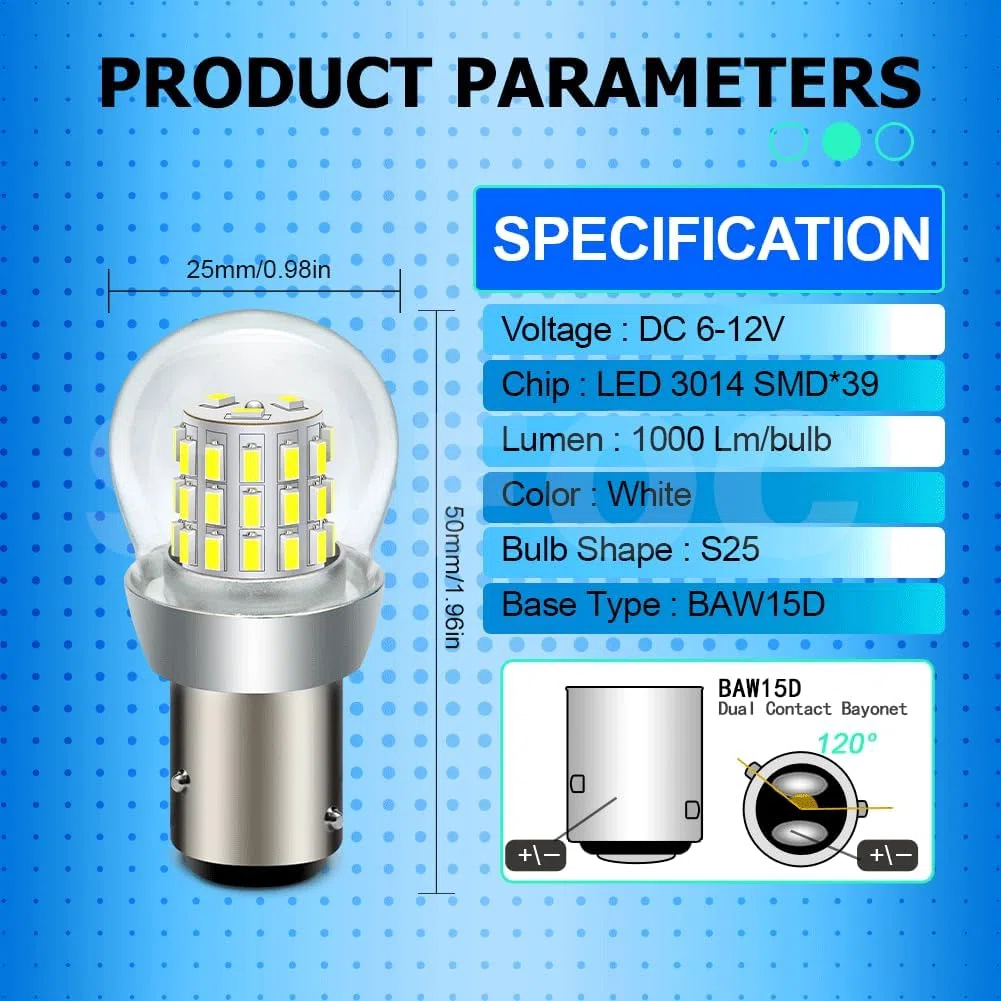 SOFOC PR21/5W BAW15D Bombilla LED 6V 12V DC Blanco Luz Reversa DRL Luz Domo Para Automóvil Autocaravana Cámping Barco etc. 3014 39SMD 1000Lm Más Brillante 2Pcs