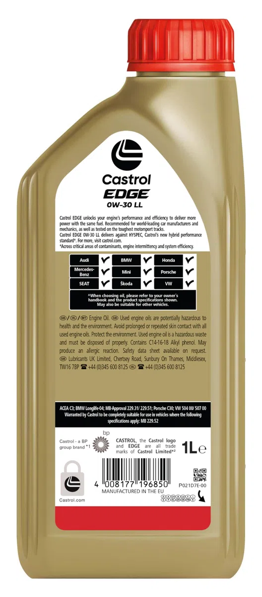 Castrol EDGE 0W-30 LL Longlife, Aceite de Motor Avanzado Sintético, Cumple con la Especificación ACEA C3, 1L