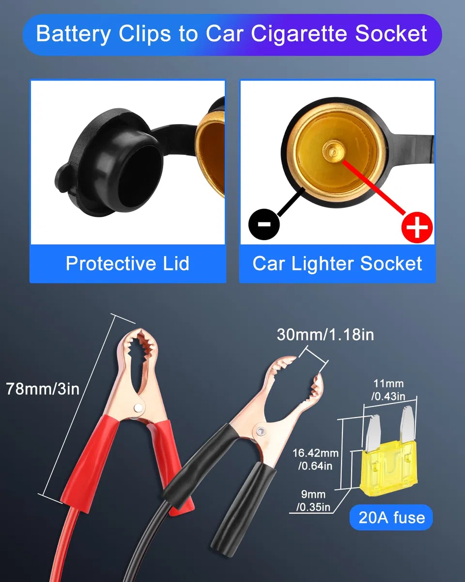 Clips de batería de 9.8 pies a enchufe de encendedor de cigarrillos de coche, 12 V/24 V 14 AWG, enchufe hembra de encendedor de cigarrillos, cable de extensión para baterías automotrices