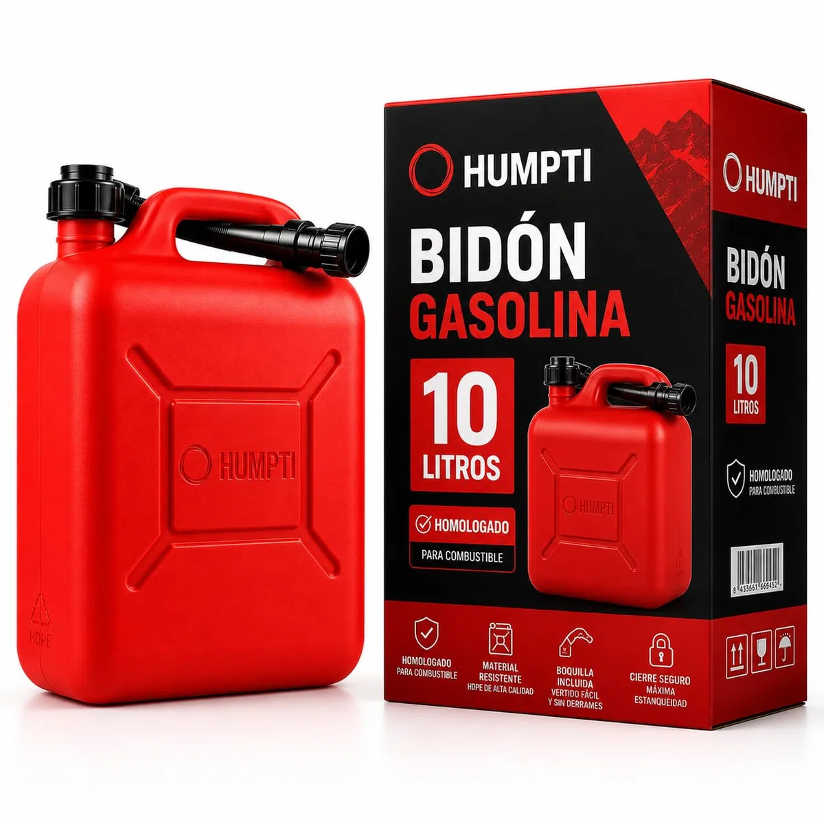 Bidon Gasolina 10L con Boquilla y Medidor Homologado, Garrafa Gasolina 10L Homologada Pack de 1 - Bidón Combustible Plástico con Visor de Nivel - Bidones para Gasolina y Gasoil Homologados