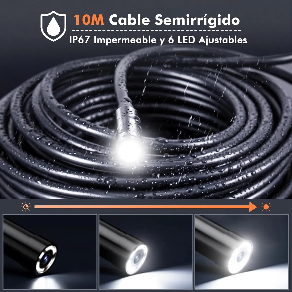 Endoscopio, Endoscopio Camara de Inspeccion con 10m Cable Semirrígido, IP67 Impermeable, USB 3 en 1, Tipo C, 6 Luces LED, para Android, Tablet, Windows PC